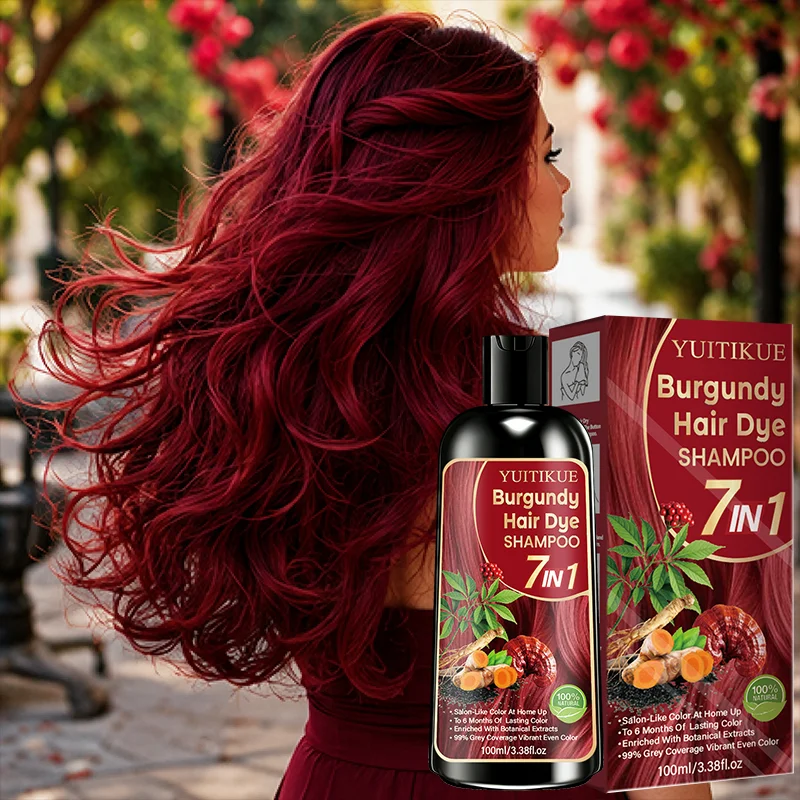 Shampoo colorante per capelli bordeaux 7 in 1 con estratti vegetali naturali, copre i capelli grigi, colore vibrante a lunga durata, trattamento per la cura dei capelli a casa. - immagine 2