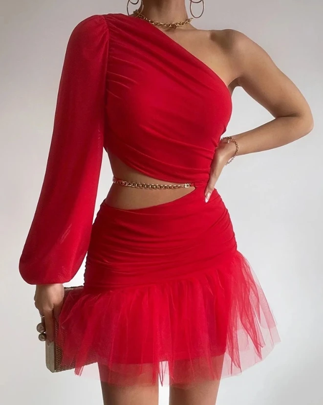 

New Fashion 2024 Casual Elegant Evening Party Dresses for Women Sexy Mesh Patch One Shoulder Party Dress Female Clothing Outfits