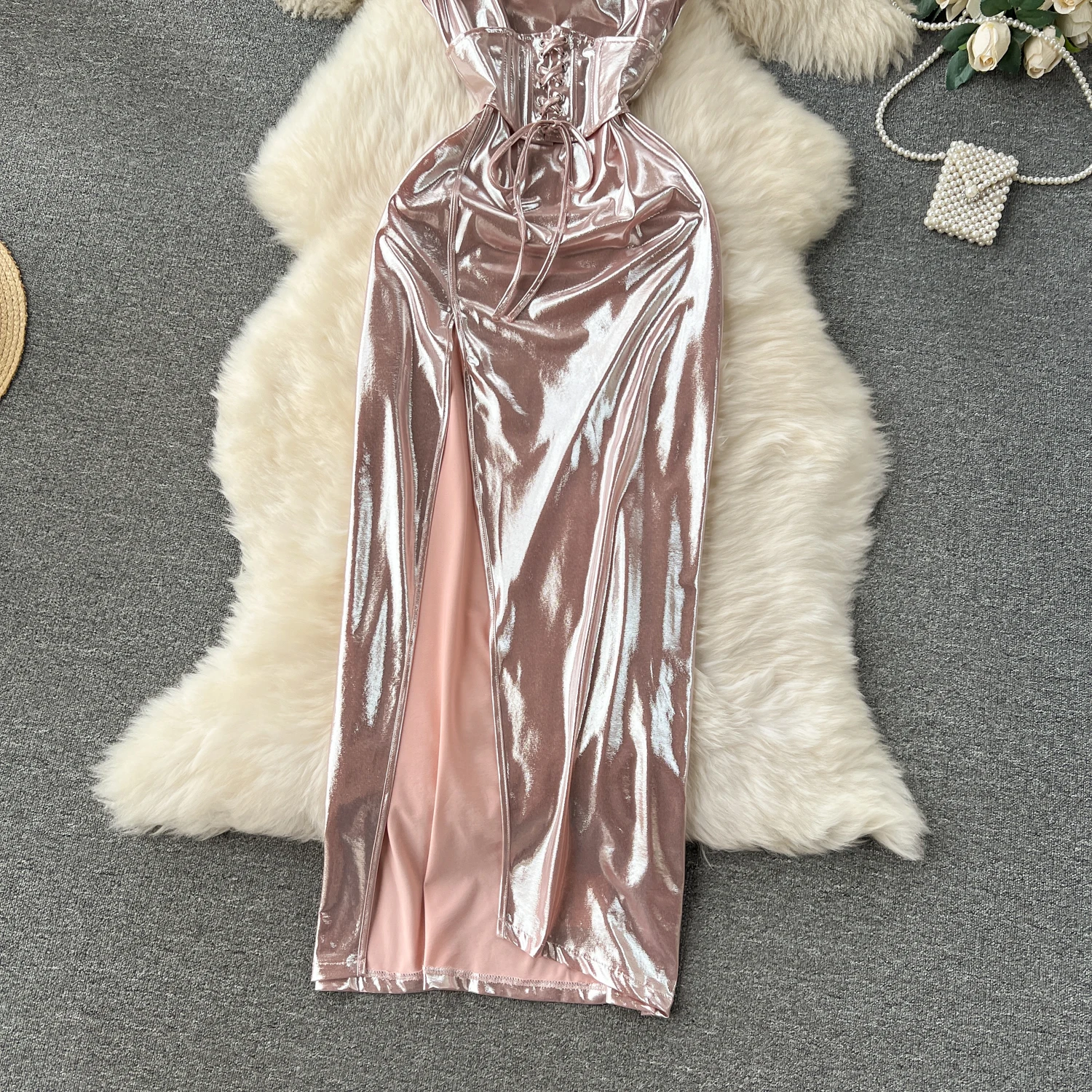 SINGREINY Spaghetti Strap Split Long Dress 2025 Ladies Fake Leather Lace Up Bodycon Sundress Y2K Hotsweet Shiny Slim Party Dress