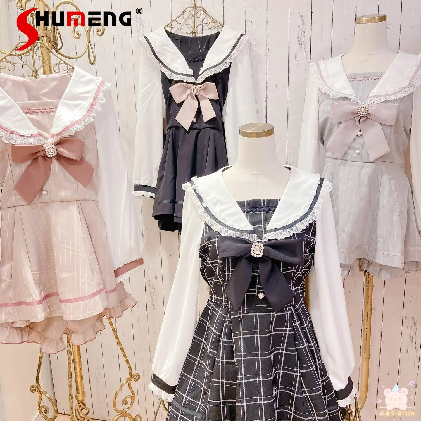 Cute Suit with Shorts Blouse Japanese Sailor Collar Plaid Rhinestone Bow Mine Series Mass-Produced Mid Blouse and Short Pants