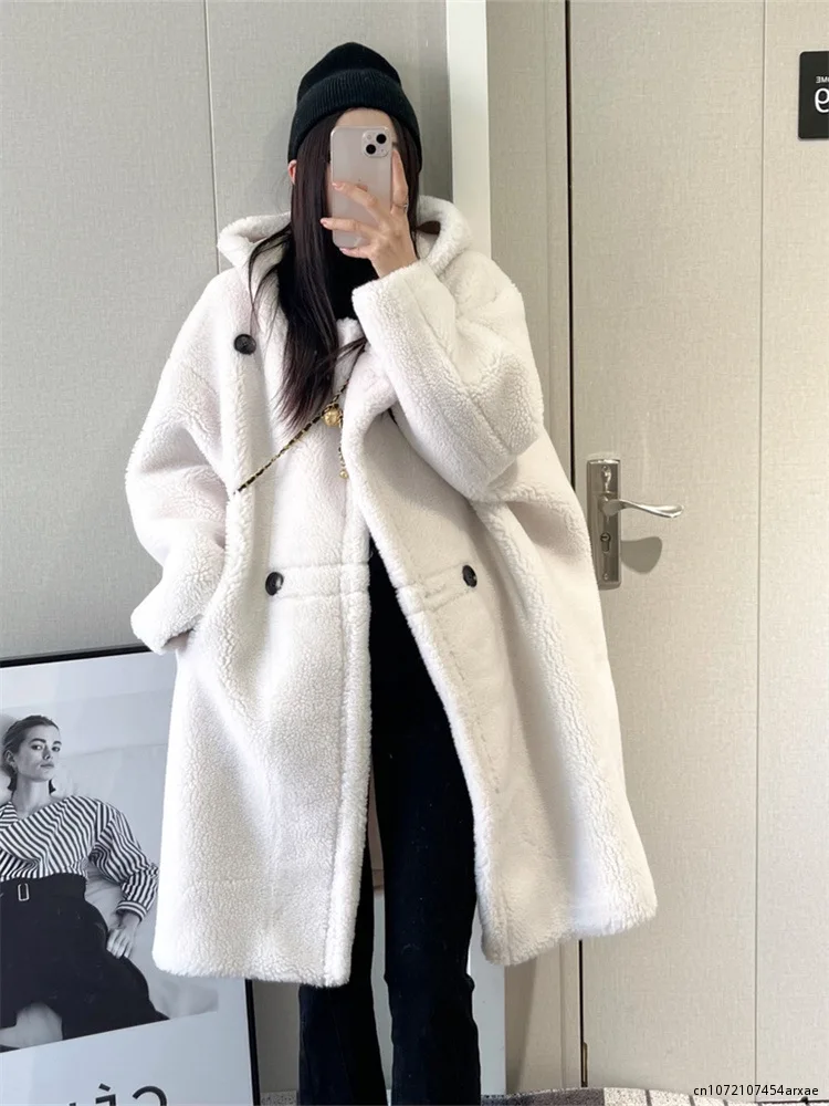 

Autumn Winter New Lamb Jacket Women Overcoat Elegant Loose Thick Warm Parker Coat Long Sheep Shearing Fur Hooded Jacket Outwear