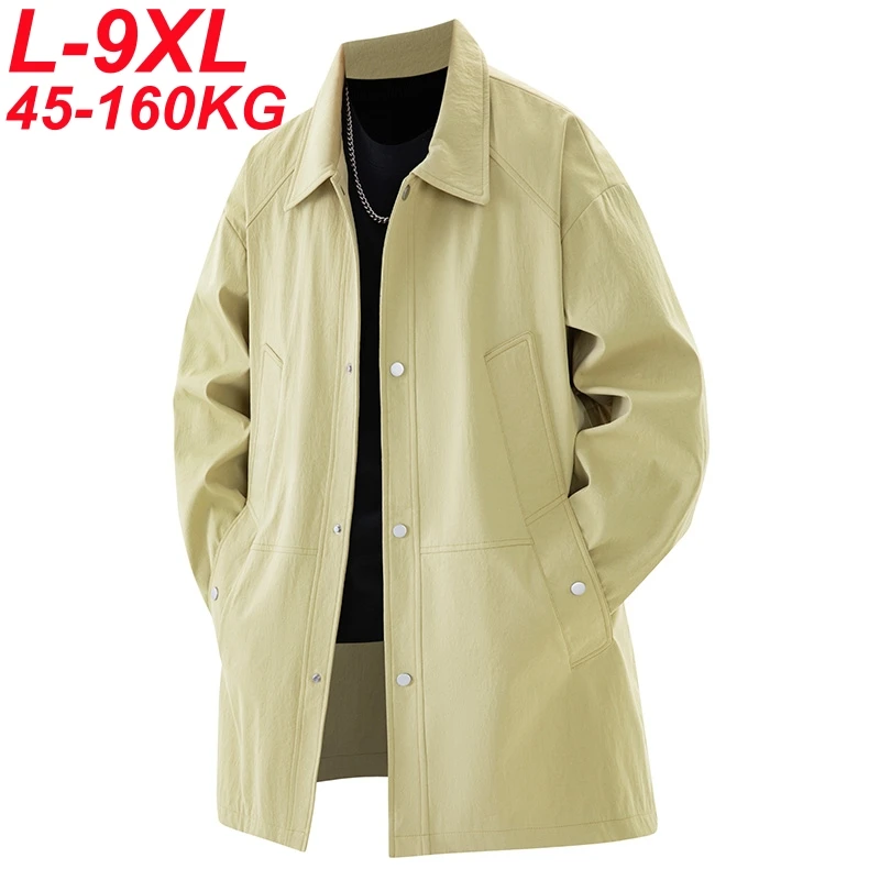 Long Trench Jacket Men Big Size 9xl 8xl 7xl 6xl Turn-Down Collar Casual Outerwear Windbreaker Oversized Spring Autumn Coats