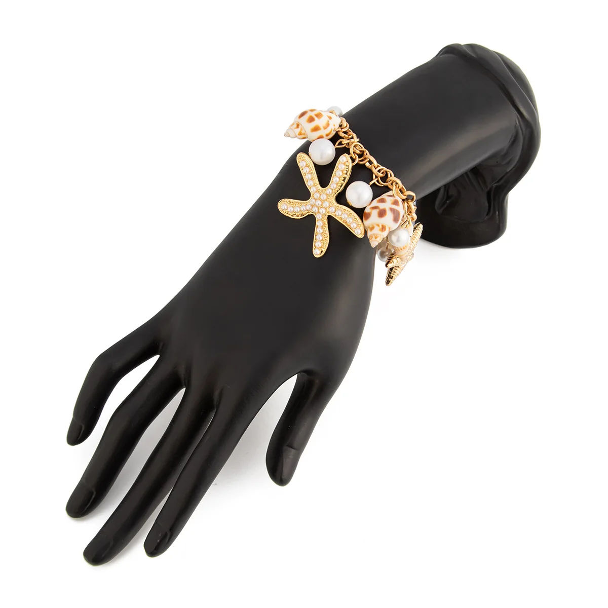 Summer Beach Ocean Starfish Shell Pendant Handmade Metal Chain Bracelet Imitation Pearl Conch Sea Star Bracelets Boho Jewelry