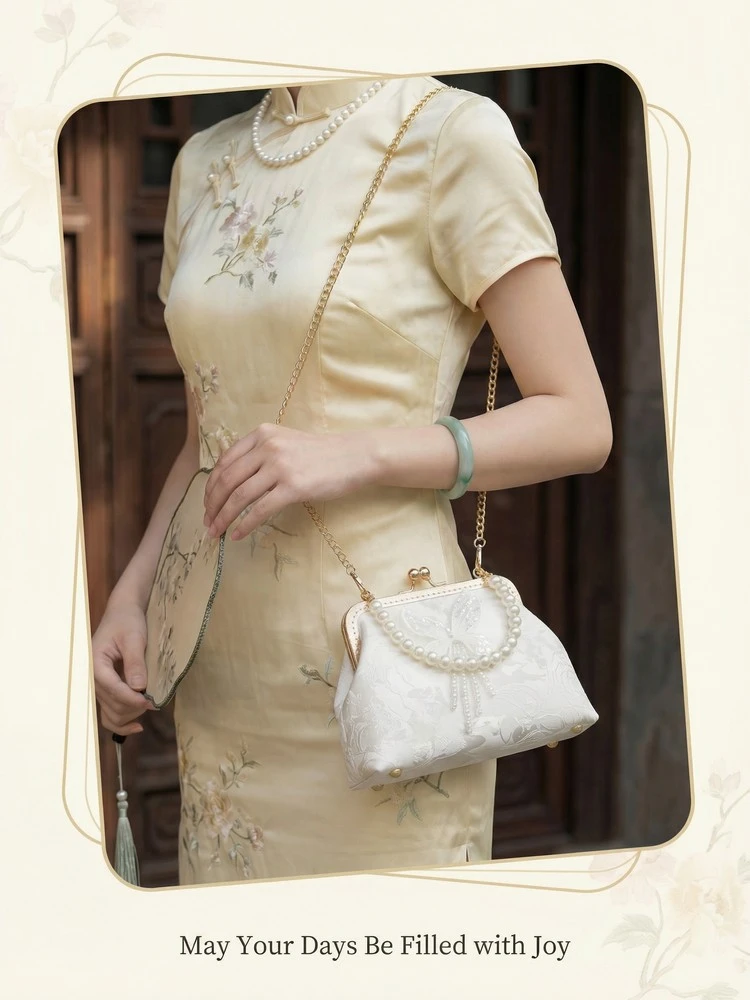 Chinese Style Butterfly Embroidery Clutch Vintage Lace Kiss Lock Handbag Elegant Evening Bag with Gold Chain for Women