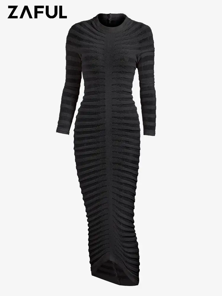 

ZAFUL Women's Sexy Party Club Dress See Through Openwork Long Sleeves Round Neck Maxi Slinky Bodycon Sweater Dresses