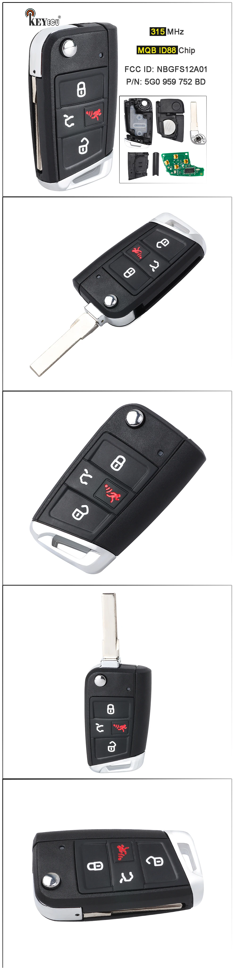 Keyforkess 315MHz MQB AES ID88 Chip muslimb 5 g0 959 752 BD Flip Remote Key Fob per Volkswagen VW GTI Golf SportWagen E-Golf - Sbb1c0805607444eb91ab5514716701feN