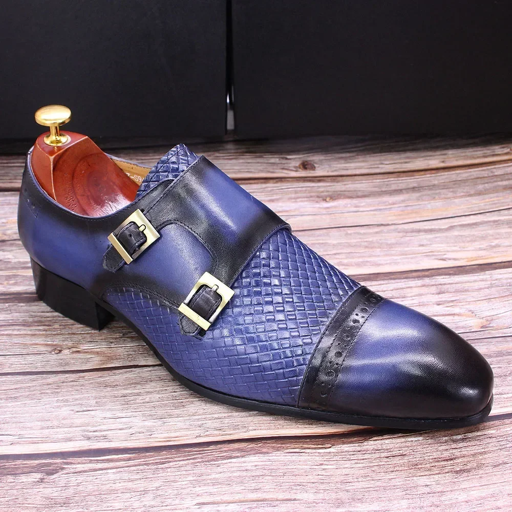 Classic Mens Dress Shoes Genuine Leather Double Buckle Monk Strap Cap Toe Blue Black Wedding Business Formal Suit Shoes for Men