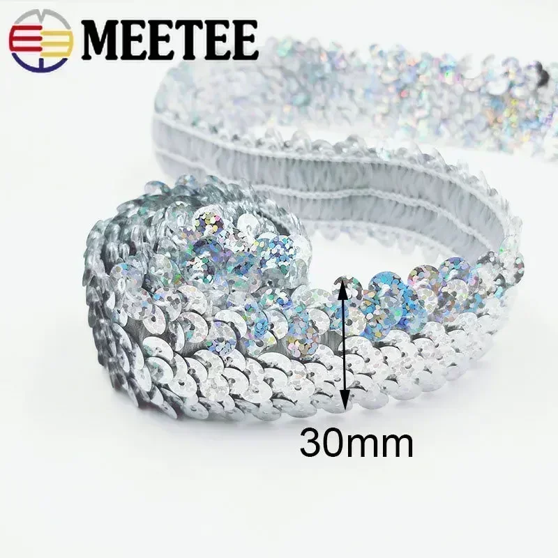 30mm Sequin Lace Ribbon Stretch Fabric Laces Trim for Clothes Elastic Band DIY Sewing Decoration Accessories 2/5/10Meters