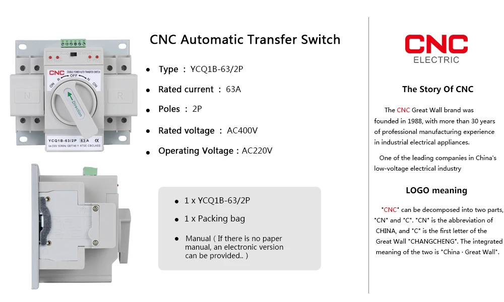 CNC-Leistungsschalter mit automatischer/manueller Schalt YCQ1B-63 2P/3P/4P 63A Dual Power Automatic Transfer Switch AC230V 50/60Hz MCB – Detail 1