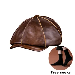 Autumn Winter Real Full Grain Cow Leather Octagonal Beret Cap For Men Outing Warm Retro Fashion Newsboy Hat Adjustable Visor