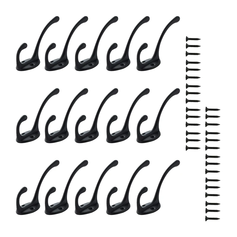 

15 Pack Dual Coat Hooks Wall Mounted With 30 Screws,Heavy Duty Hooks For Hanging Coat,Scarf,Bag,Towel,Key,Hat(Black)