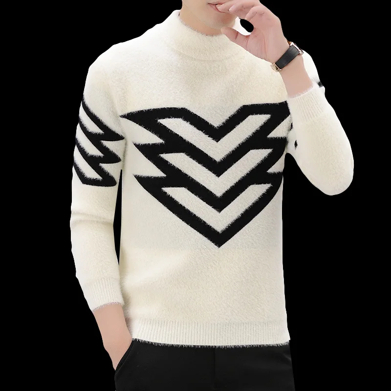 Korean Version Style Up Uppolo/Turtle Neck Sweater Loose Fit Versatile Winter Stretch Knitted Top Outer Wear Plush Top For Men 2