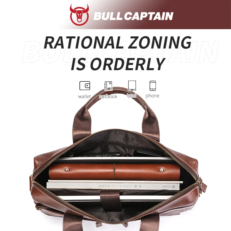 BULLCAPTAIN Men's Leather Briefcase Can Be Used For 15.5-Inch Notebook Large-Capacity Work Bags Business Shoulder Messenger Bag 3