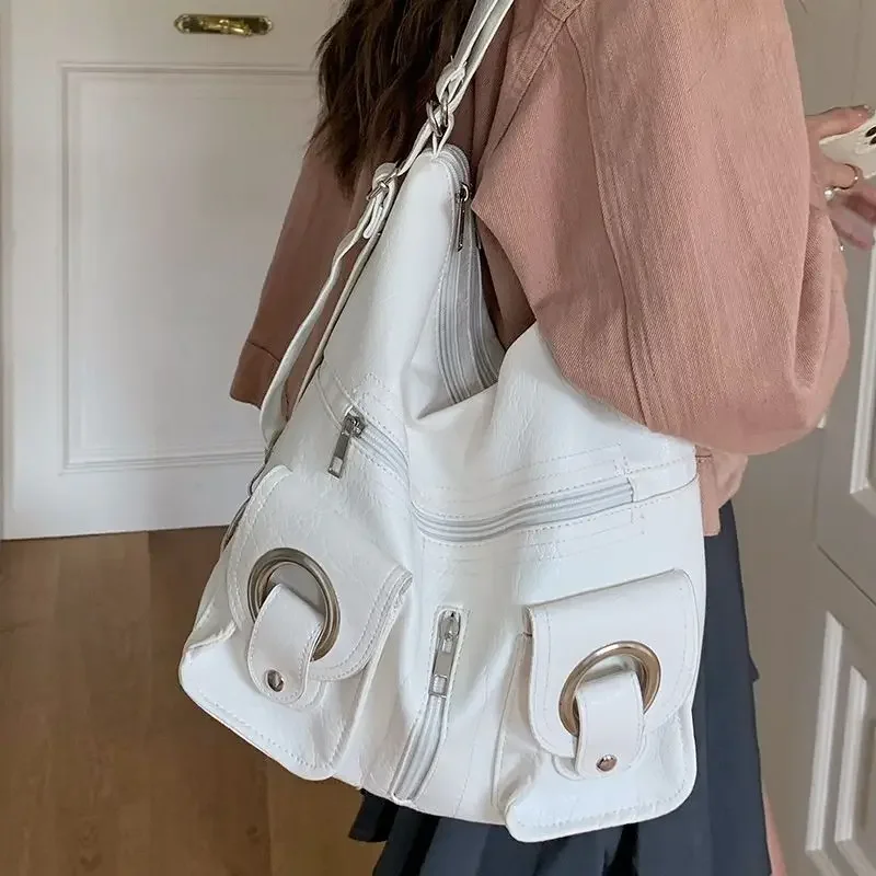 

Women Shoulder Bags 2023 Korean Style Simple Personality Stylish Pocket PU Leather Shoulder Bag Commuter Large Capacity Backpack