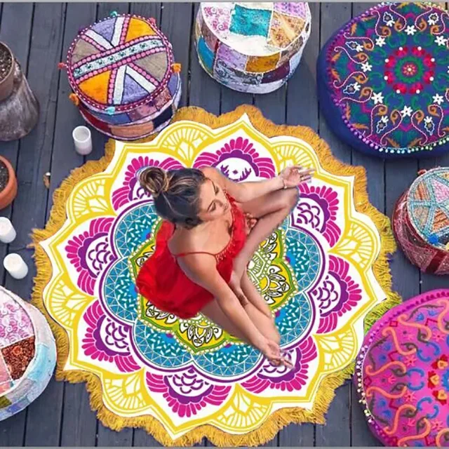 Yoga Mat Chakra Beach Towel Tassel Toalla Mandala Tapestry Sunblock Round Cover-Up Bath Towel Lotus Bohemian  150cm 4