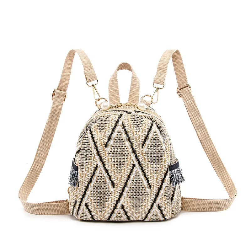 New Women Straw Backpack Rucksack Geometric Tassel Travel Bag Korean Version Girls Student Bags Casual Zipper Softback Backpack 6