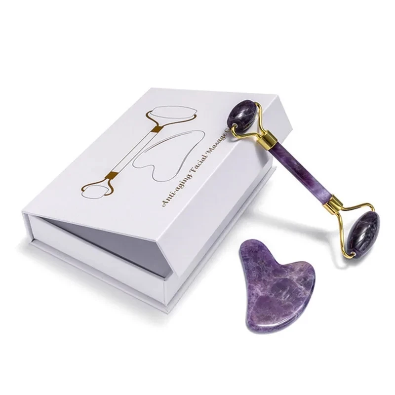 Natural Stone Amethyst Jade Roller Gua Sha Massager For Lifting Anti-Wrinkle Acupuncture Beauty Skin Care Gouache Scraper Set thick horn gouache scraper face gua sha massage beauty tool facial eye lifting acupuncture therapy remove wrinkles skin detox