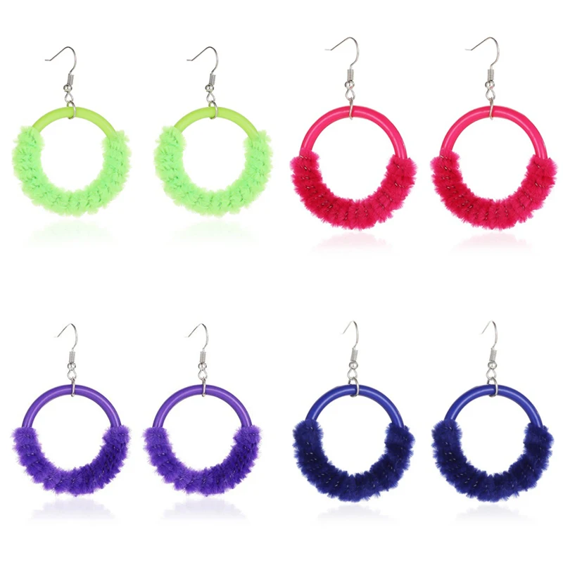 Fashion Round Circle Plush Earrings Large Statement Hanging Drop Female Jewelry | Украшения и аксессуары