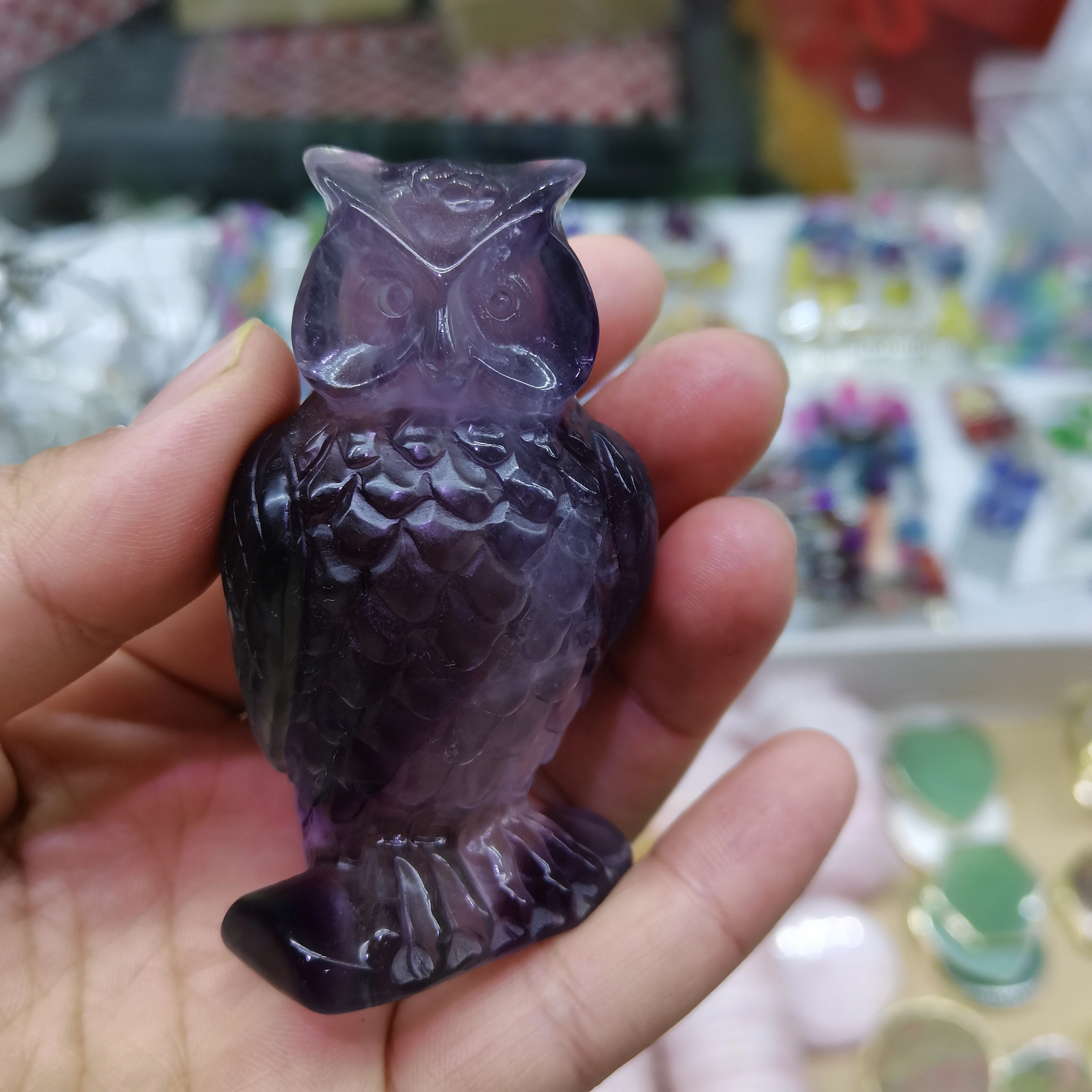 

9cm Natural Purple Fluorite Owl Hand Carved Quartz Gemstone Nighthawk Healing Crystal Stone Charms Reiki Decoration Gift 1pcs