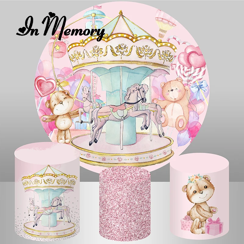 InMemory Pink Carousel Girls Birthday Party Round Backdrop Cover Cartoon Bear Balloons Background Glitter Plinth Covers Elastic |