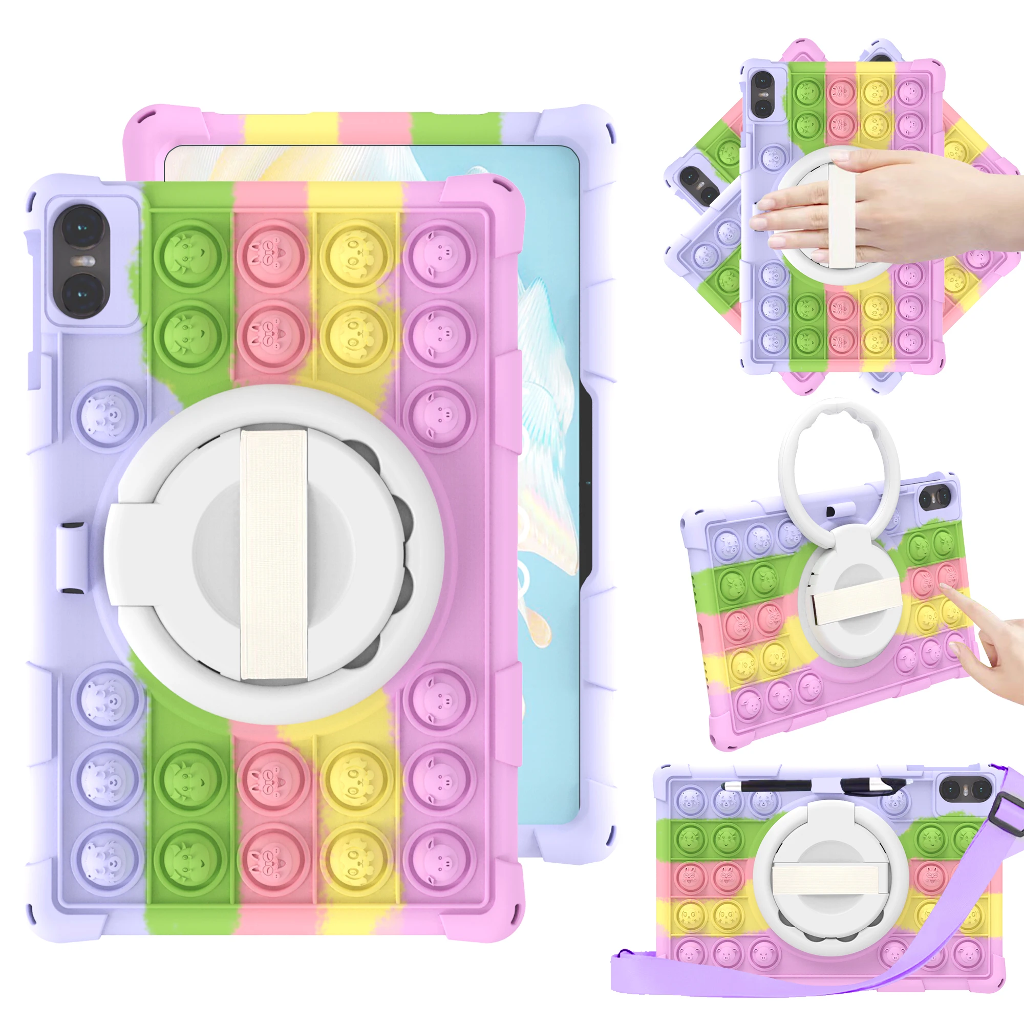 Kids Shockproof Silicone Cartoon Case with Decompression Bubbles, Shoulder Strap & Pen Holder