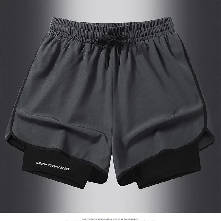 Summer Casual Sports Three-Quarter Anti-Exposure Double-Layer Couple Shorts Quick-Dry Ice Silk Elastic Training Fitness Pants