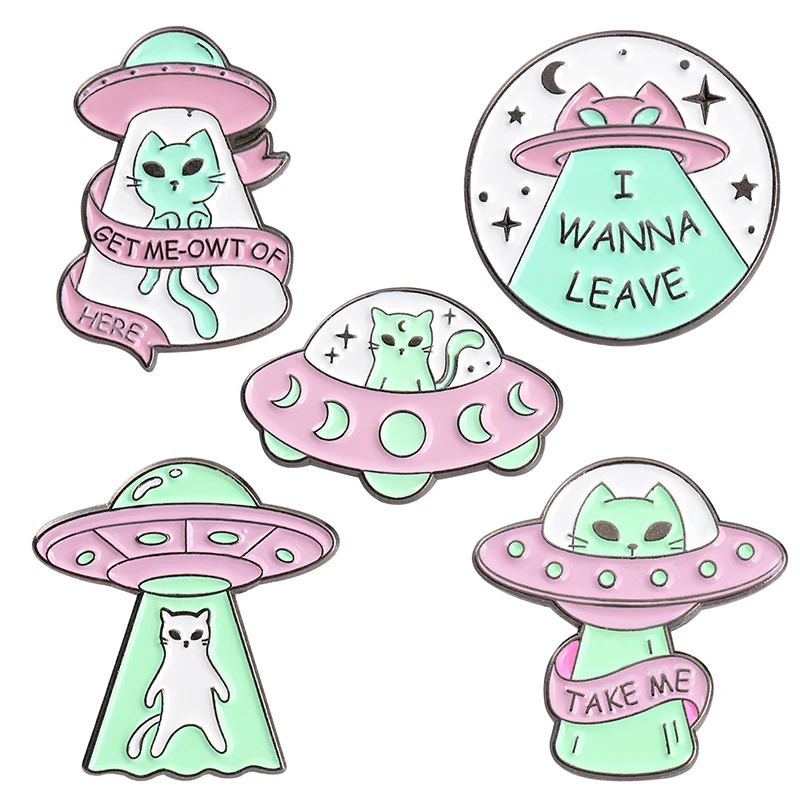 UFO Katzen Emaille Pins ICH WOLLEN LASSEN Broschen Rucksack Kleidung Revers Abzeichen Raumfahrt Astronaut Schmuck Geschenk für Freunde