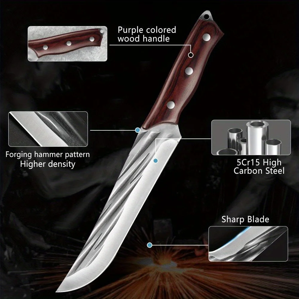 DFITO 3-teiliges geschmiedetes Ausbeinmesser-Set aus 5Cr15-Stahl mit V-förmiger Klinge, Metzgermesser mit Lederscheide, professionelles Küchenmesser – Detail 8