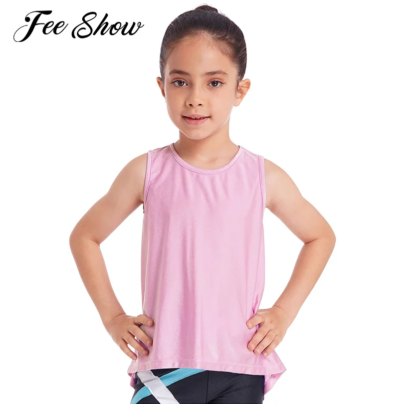 Kids Girls Workout Running Tennis Yoga Vest Top Casual Sports Shirt Bambini Tinta Unita Senza Maniche Split Back T-Shirt Canotta
