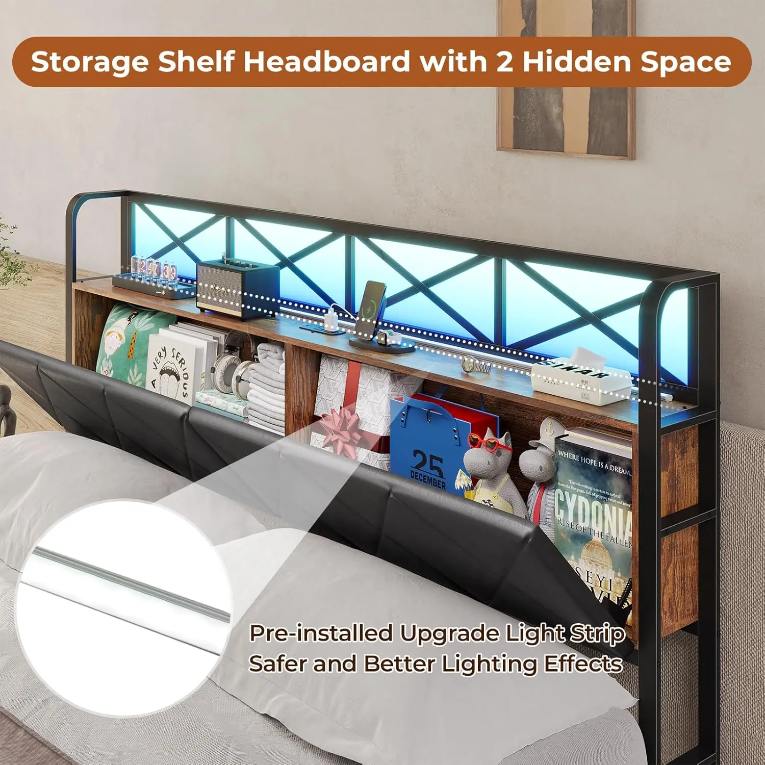 King Size Bed Frame with Storage Headboard and 2 Drawers Metal King Platform Bed with Led Lights and Hidden Storage Upholstered 4
