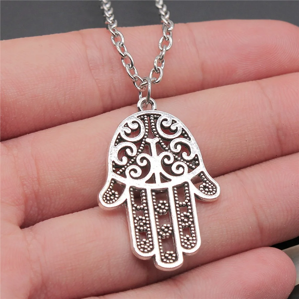 

2 Colors 35x24mm Hamsa Hand Pendant Necklace For Women Men Long Chain Necklace