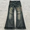 Street Harajuku Heavy Industries Retro Pattern Embroidery Blue Washed Jeans Women's Personalized Casual Splicing Flare Pants 1