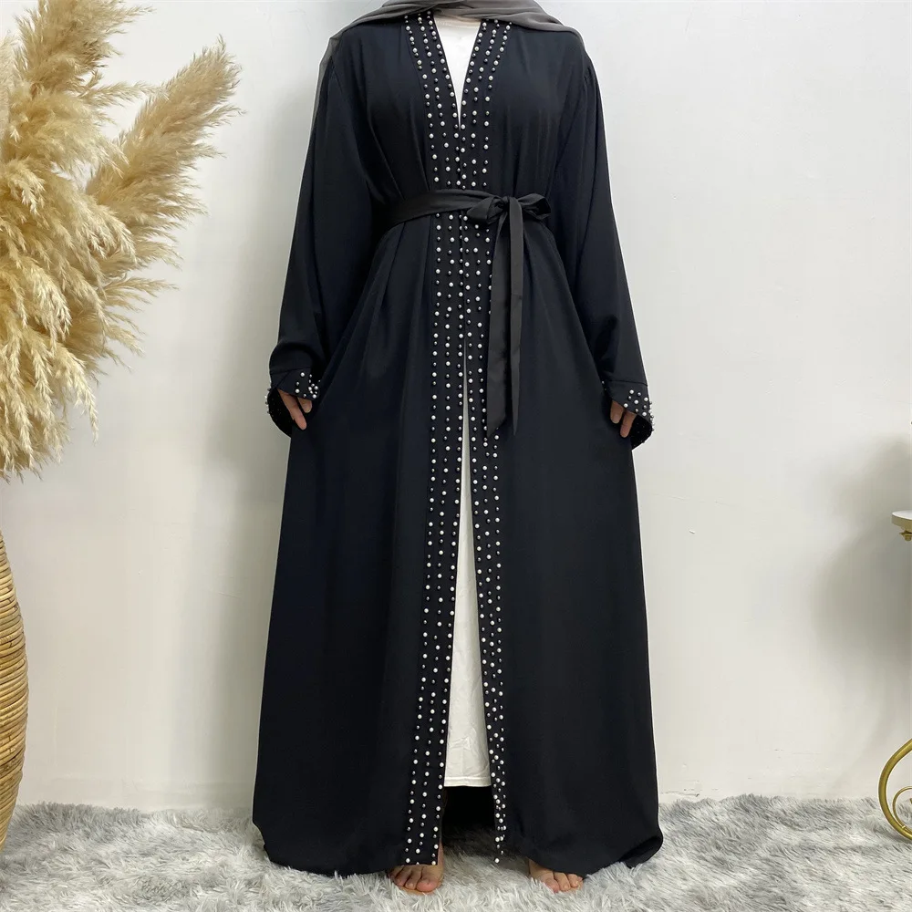 Dubai Nail Bead Kimono Sleeve Cardigan Women Open Front Robe Muslim Islamic Lace Abaya Kaftan With Belted Ramadan Dress