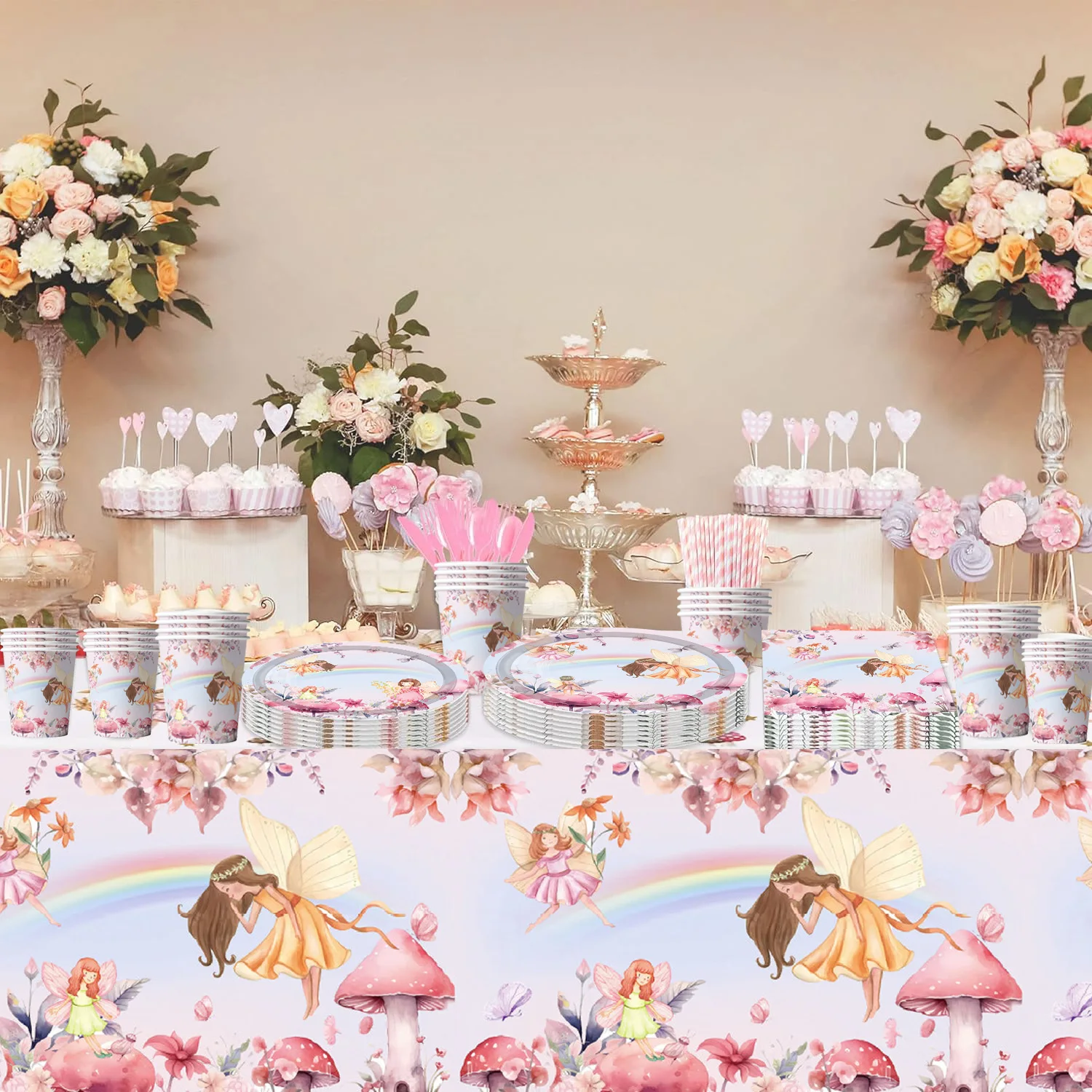 FairyBirthdayPartySuppliesFairyPartyTablewarePlatesNapkinsTableclothFlowerFairies