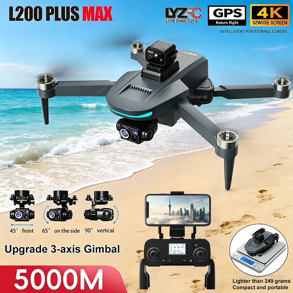 Drone L200 Plus 4K GPS 360° en vol avec nacelle 3 axes et évitement d'obstacles actif.