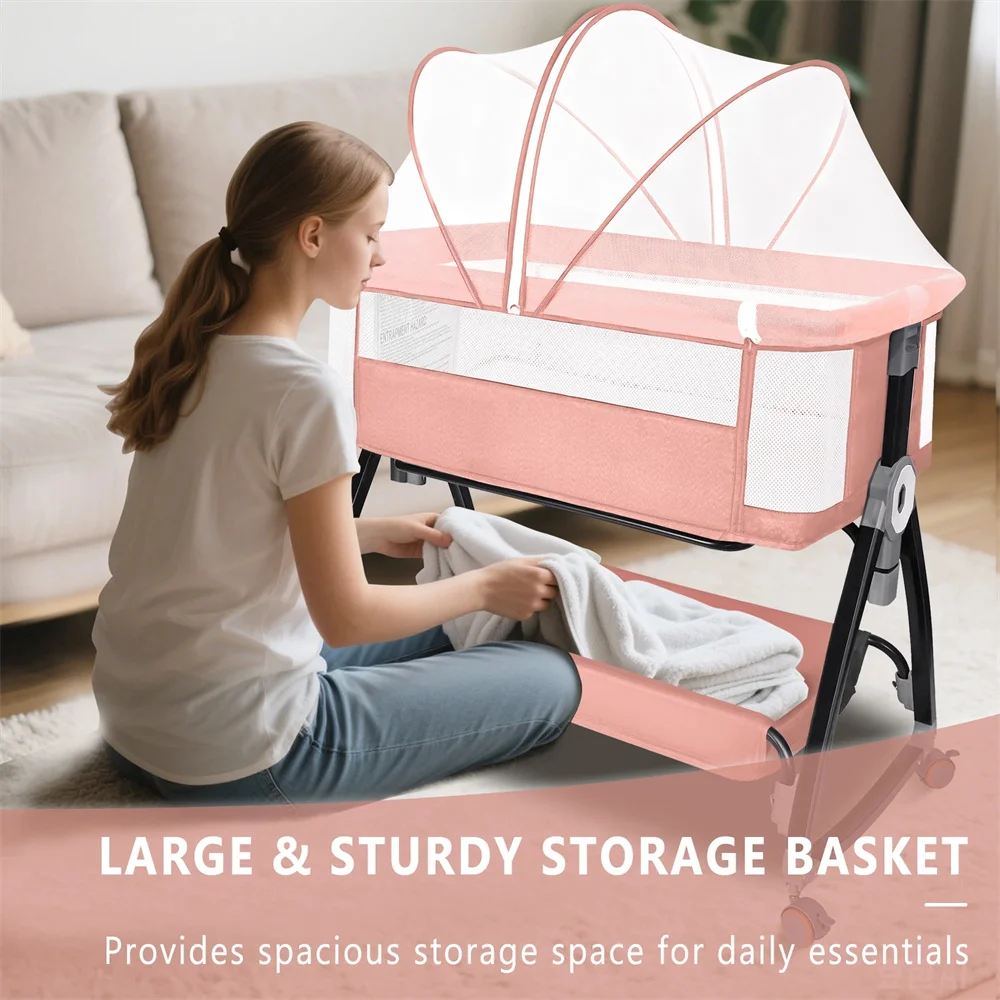 Baby Bassinet, HDJ Baby Bedside Sleeper Bassinet with 360° Wheel, Portable Infant Bed Side Crib for 0-6 Months, Pink Sbb1d4c3ad1c74514ae2fedd51c418558V