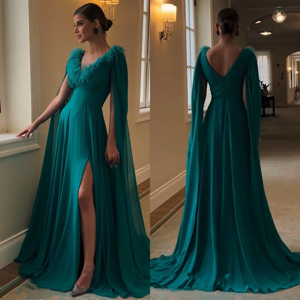 Jersey Draped Feather Quinceanera A-line V-neck Bespoke Occasion Gown Long Dresses