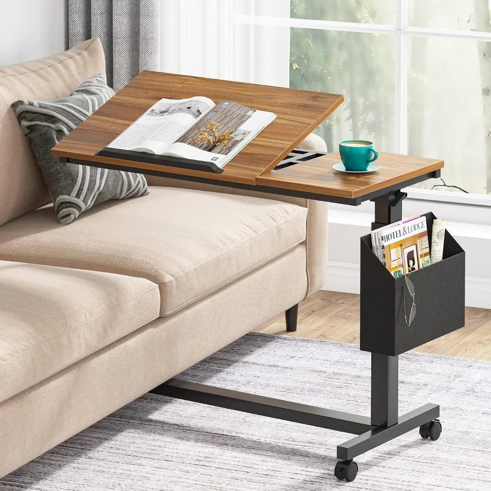 Height Adjustable C Shaped End Table with Wheels and Side Pocket, Mobile Sofa Snack Table with Tiltable Drawing Board, Laptop S