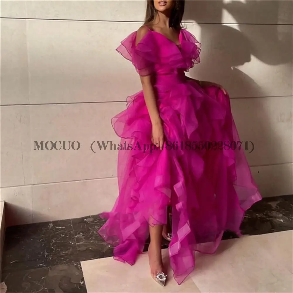 

Rose Pink Arabic Women Formal Prom Dress Multi-layer A-line Prom Dress Spaghetti Straps Evening Dress فستان سهرة