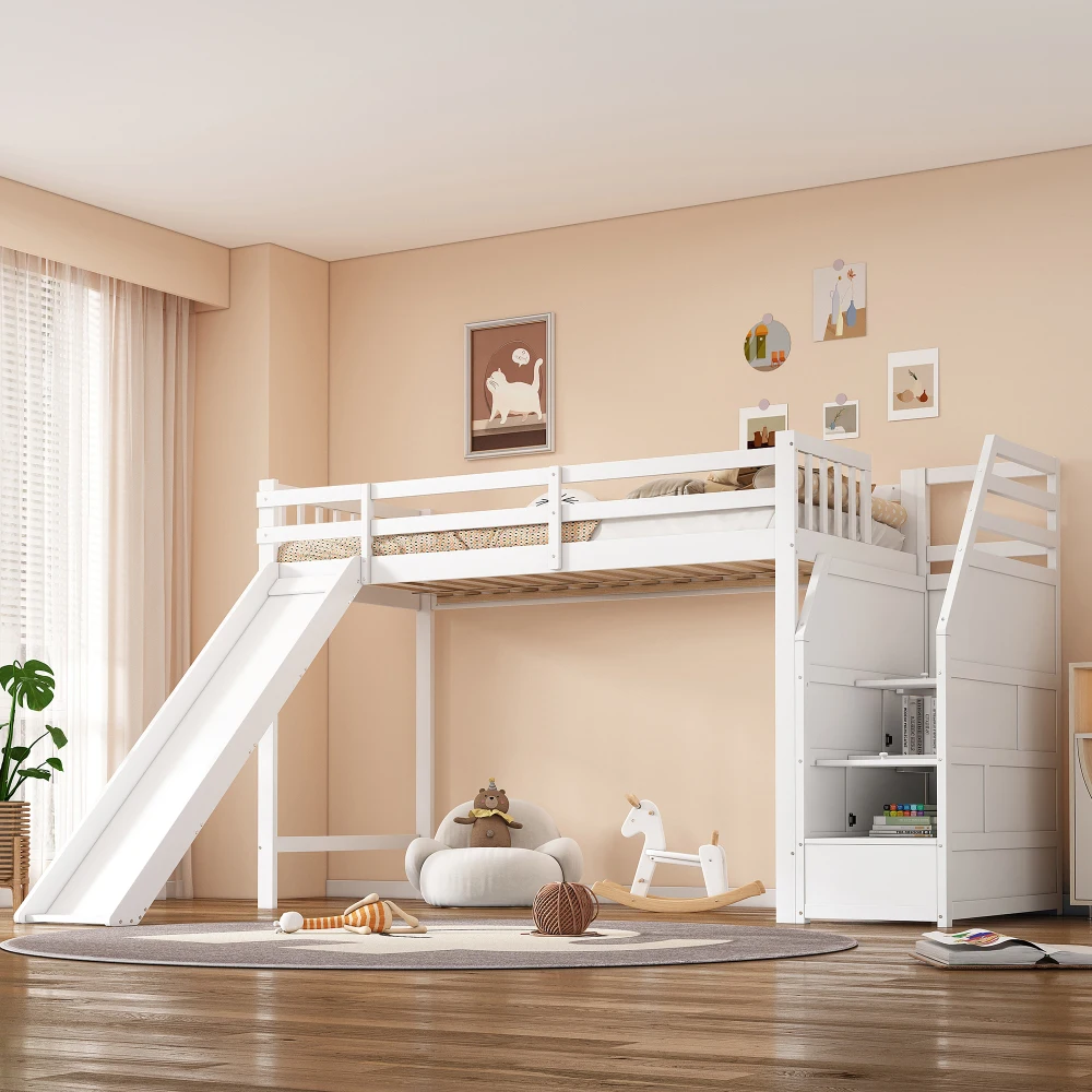 Etagenbett 90 x 200 cm – Sicherheitsbett für Kleinkinder mit Rutsche, abnehmbarem Zaun und optionaler Schienenposition, Stauraum, keine Matratze – Detail 2