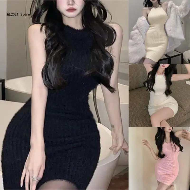 

Women Solid Color Ribbed Knit Halter Neck Strappy Backless Mini Sweater Dress