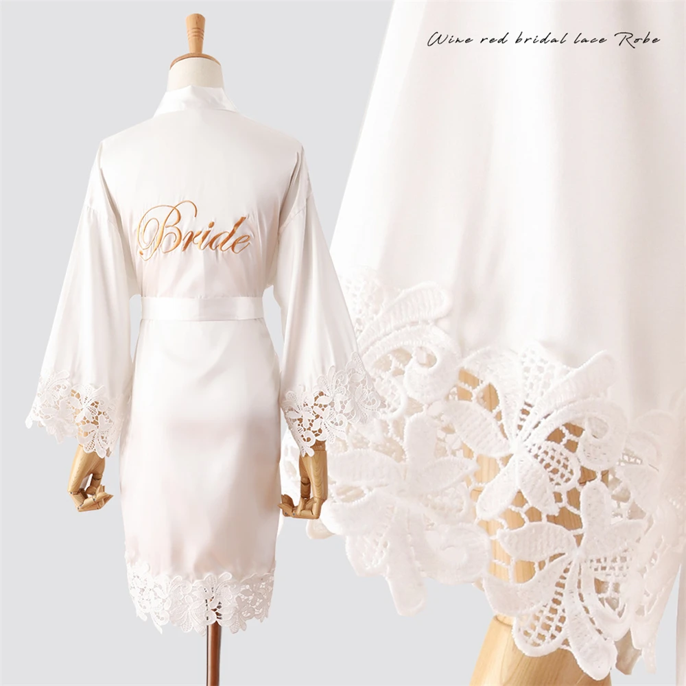 1PC Wedding Embroidery Bride Bridesmaid Kimono Dresses Lace Gown Women Sleepwear