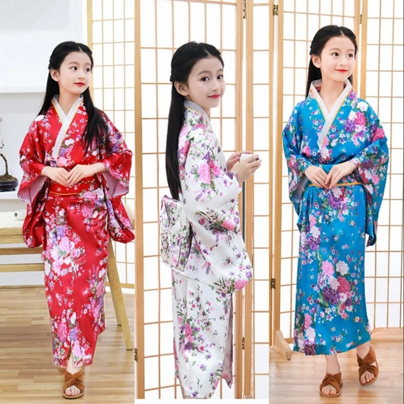 Japanese Kimono Children Kimono Traditional Japanese Style Floral Yukata Dress Kids Obi Vintage Samurai Halloween Cosply Costume Haori Outfit
