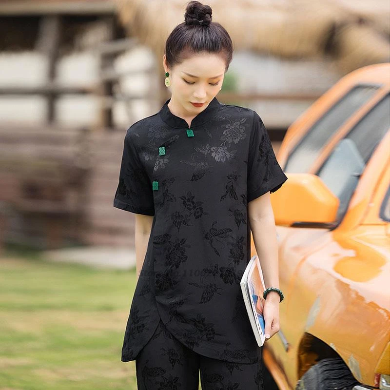 Qipao vintage para mujer, blusa china tradicional con estampado de flores, blusa de satén nacional traje tang blusa China 2022| | -