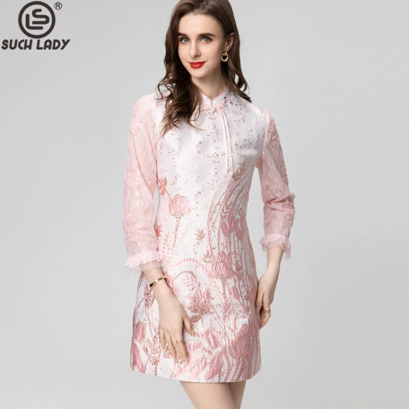 

Women's Runway Dresses Stand Collar Long Sleeves Jacquard Dobby High Street Casual Vintage Vestidos