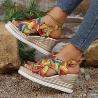 Rainbow Graffiti Wedge Heels Sandals for Women Summer 2025 Peep Toe Platform Sandals Woman Buckle Strap Thick Bottom Beach Shoes - Image 2