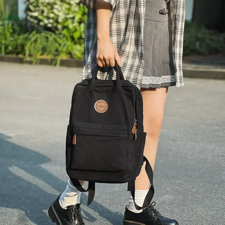 Casual Corduroy Backpack for Teens, 14 Laptop Compartment, High School & College Bag with Zipper Pocket, Backpacks for School