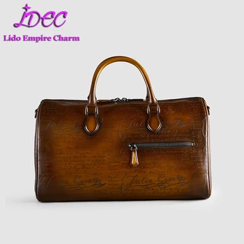 Retro Travel Bag Men's Genuine Leather Business Large-Capacity Portable Boston Luggage Bag Fashion Engraving Patina