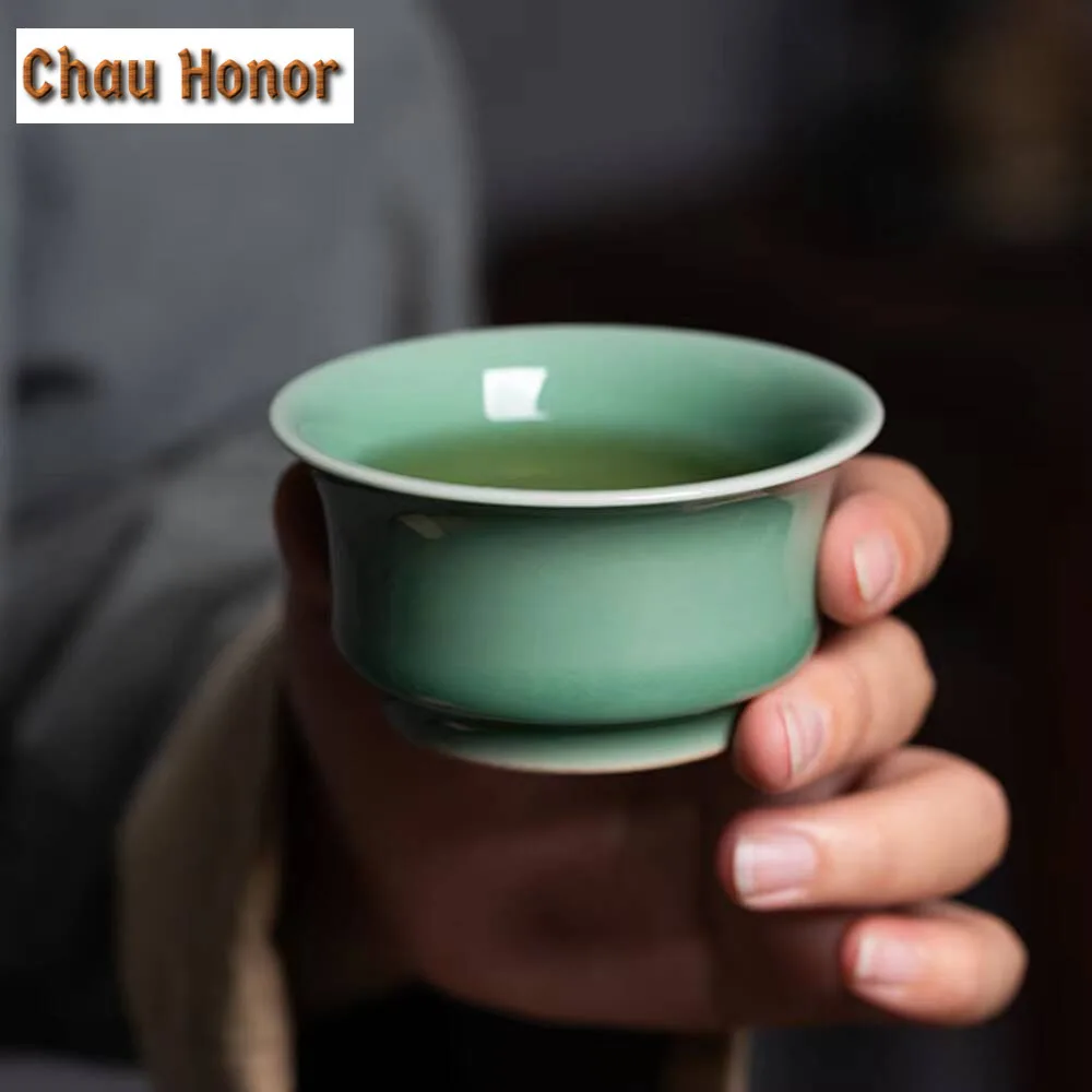 75ML Handmade Longquan Celadon Teacup Elegant Fish Swimming Master Cup High-grade Horseshoe Cups Tea Bowl Tea Set Ornaments Gift