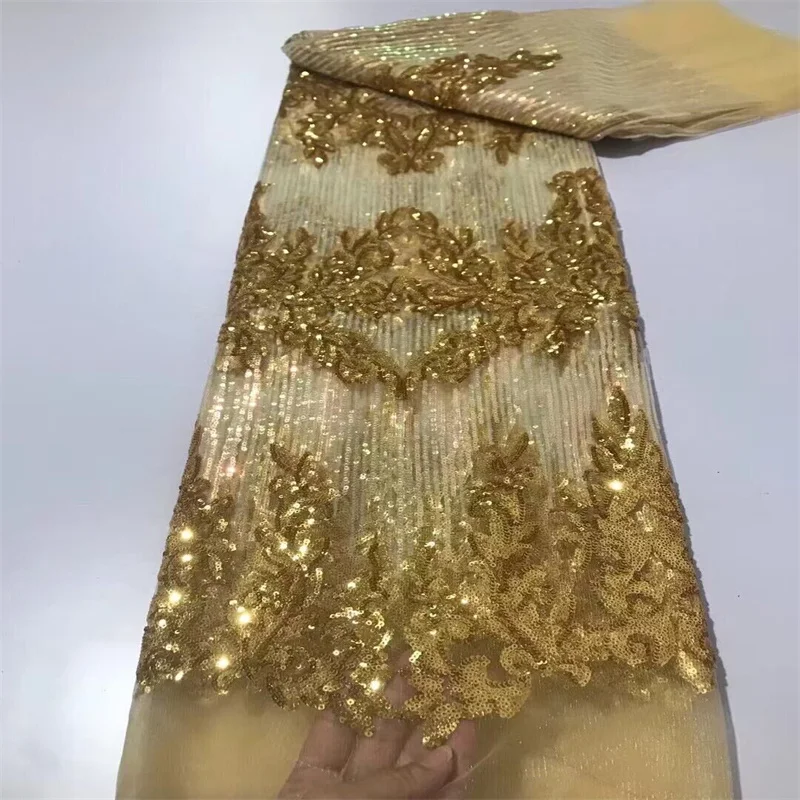 

African Lace Fabric with Sequins, Tulle Evening Dresses for Women, Embroidery French Fashion, Mesh Fabrics, Cloth Sewing, 5Yards